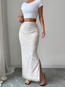 SHEIN Raffinéa Women's Lace Print Side Slit Skirt - White - View 5