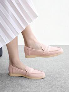 CUCCOO BIZCHIC 時尚粉色麂皮平底舒適通勤女款平底鞋樂福鞋，適合戶外度假、購物、上班日常，百搭女鞋 - 粉色 - 查看 2