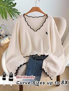 SHEIN CURVE+ Plus Size Colorblock Trim V-Neck Long Sleeve Pullover Sweater Winter, Fall 2026 22W Back To School - Beige - View 1
