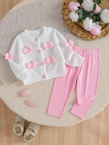 SHEIN 嬰兒/幼兒（女童）灰色羅紋長袖開襟外套，大花裝飾，搭配純色長褲 2 件套，春秋休閒日常寬鬆穿搭 - 粉色 - 查看 14