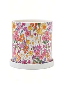 Haus Hana 1pc Cute Nordic Floral Print Ceramic Pot, Round Breathable Terracotta Planter With Drainage Hole For Succulents & Phalaenopsis - multicolor - View 8