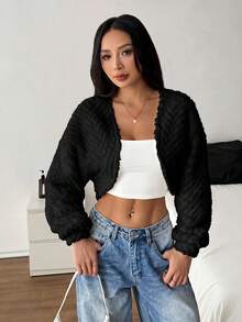 SHEIN PETITE 素色休閒秋冬女款長袖抓絨外套 小碼可愛風 - 黑色 - 查看 1