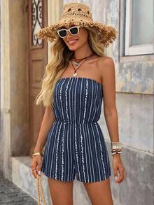 Brillora Women's Bandeau Striped Colorblock Casual Minimalist Daily Outfit Romper - Multicolor - View 4