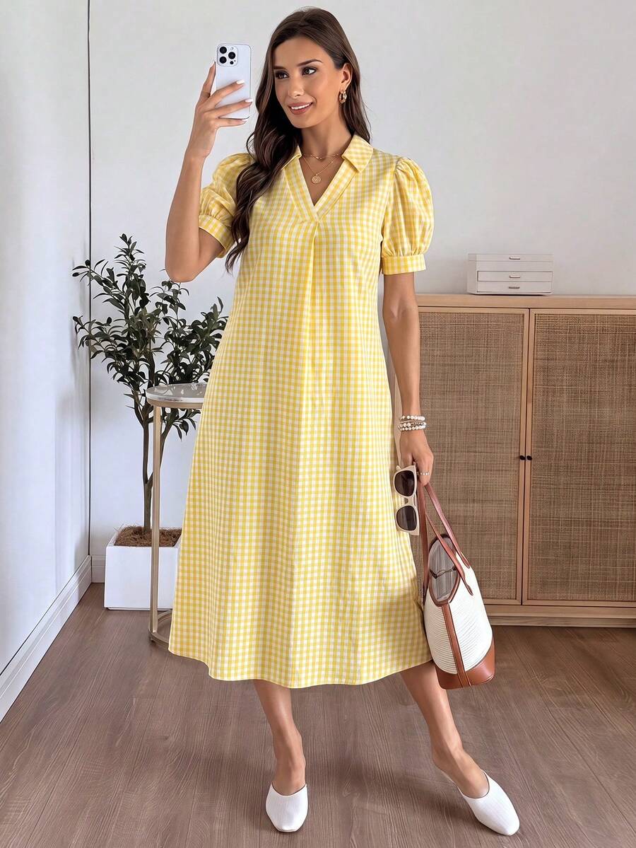 EMERY ROSE Women's Plaid Short Puff Sleeve Casual Loose Mid-Length Dress - Light Yellow - View 1