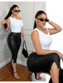 SHEIN SXY Women's Solid Color Split Design Casual Versatile Daily Wear Capri Length Leggings - Black - View 1