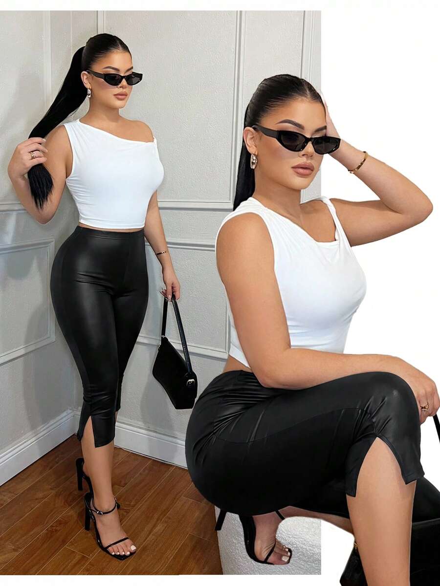 SHEIN SXY Women's Solid Color Split Design Casual Versatile Daily Wear Capri Length Leggings - Black - View 1