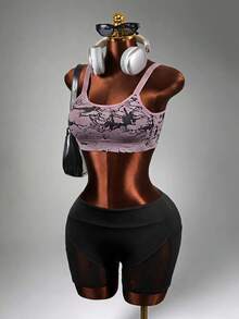 Mistrie Women's Purple Marble Print Sports Bra, Padded Seamless Yoga Bra With Wide Straps, Stretchy Supportive Activewear, Black And Lavender Gym Crop Top - Pink - View 4