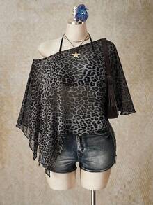 SHEIN ICON Casual Minimalist Leopard Print Pattern Plus Size Mesh Top For Women, Suitable For Summer - Multicolor - View 1