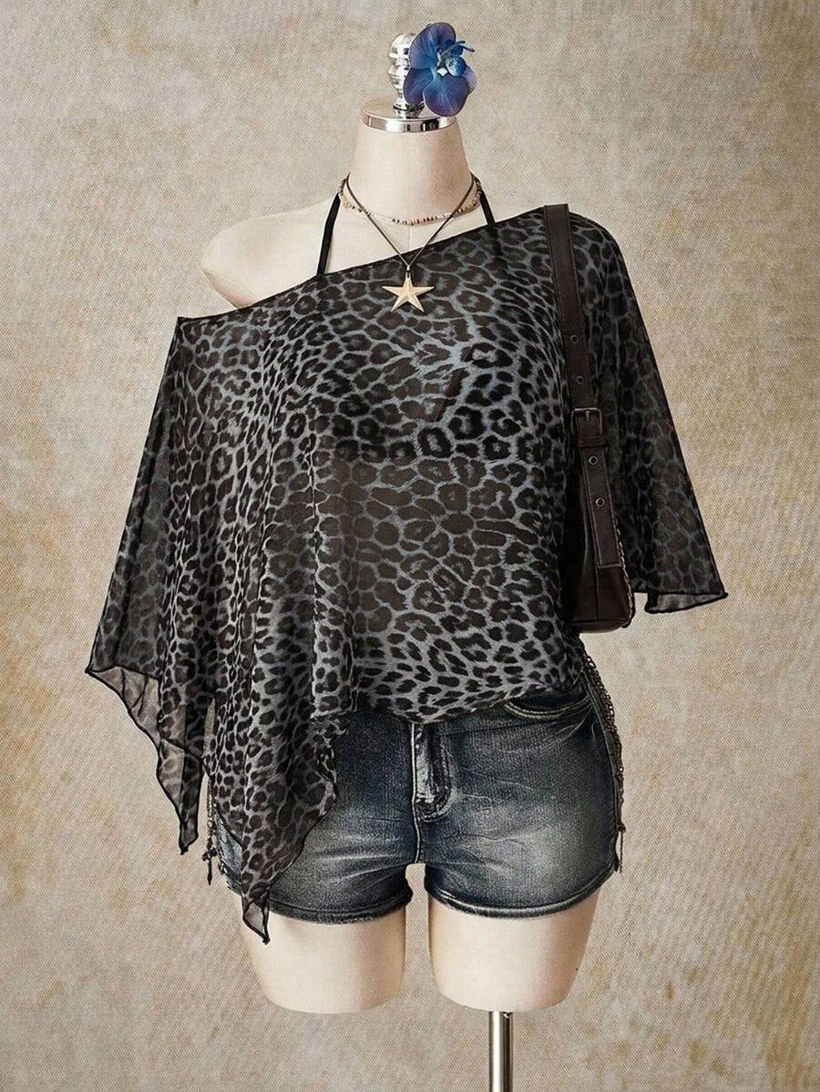 SHEIN ICON Casual Minimalist Leopard Print Pattern Plus Size Mesh Top For Women, Suitable For Summer - Multicolor - View 1