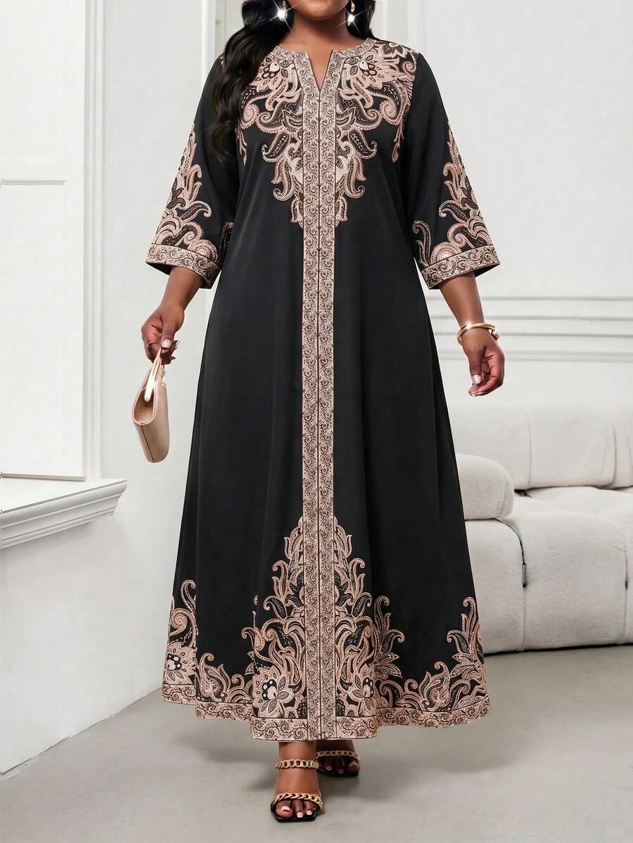SHEIN Lady Black High End Plus Size Long Sleeve Embroidered Dress For Women Fall - Black - View 1