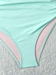 SHEIN Swim 女款夏季海灘素色抓皺性感掛脖式一件式泳衣 - 綠色 - 查看 5