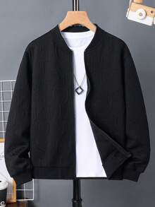 SHEIN 兒童青少年男孩休閒百搭紋理布料黑色酷感棒球夾克外套，適合通勤、上學、日常休閒外出、運動，秋冬穿著 - 黑色 - 查看 3