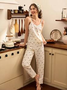 Kirschenmuster Camisole Top & Hose Pyjama Set - Beige - Übersicht 3
