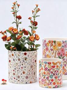 Haus Hana 1pc Cute Nordic Floral Print Ceramic Pot, Round Breathable Terracotta Planter With Drainage Hole For Succulents & Phalaenopsis - multicolor - View 6