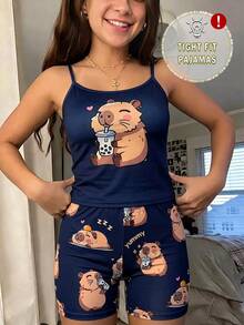 Teen Girls Royal Blue Cute Capybara Print Camisole Top And All-Over Capybara Print Shorts Set Pajamas Tight Homewear - Royal Blue - View 3
