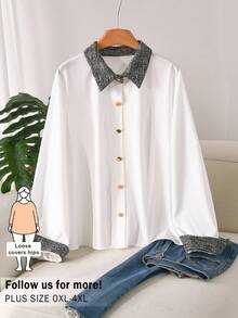 CosyJoli Plus Size Women's Elegant Commuter Button Shirt, Casual Clothing, White Long Sleeve, Spring/Autumn Wear, Summer Top Office Formal - Beige - View 3