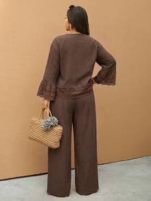 Elaquor Plus Size Boho Casual Elegant Vacation Solid Color Embroidered Patchwork Women's 2 Pieces Set Shirt + Pants Fall Formal Brown Brunch Party Evening - Mocha Brown - View 2