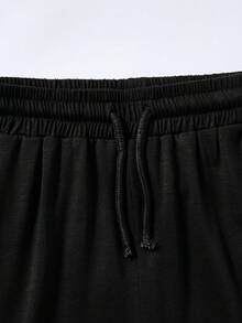 SHEIN 青少年女孩休閒極簡風黑色方領抓皺腰短袖T恤寬鬆長褲套裝 - 黑色 - 查看 5
