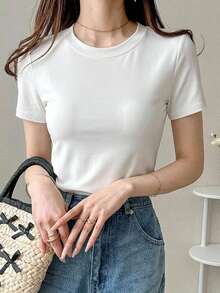 DAZY Women's Solid Color Crew Neck Fitted Short Sleeve Undershirt Summer Preppy Tops - White - View 8