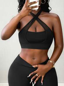 SHEIN BamGlam Women's Solid Color Criss-Cross Design Cropped Halter Neck Sports Tank Top - Black - View 4