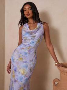 Enchnt Embroidered Cowl Neck Bodycon Dress, Romantic Elegant Summer Vacation Style Vacation Lavender - Purple - View 8
