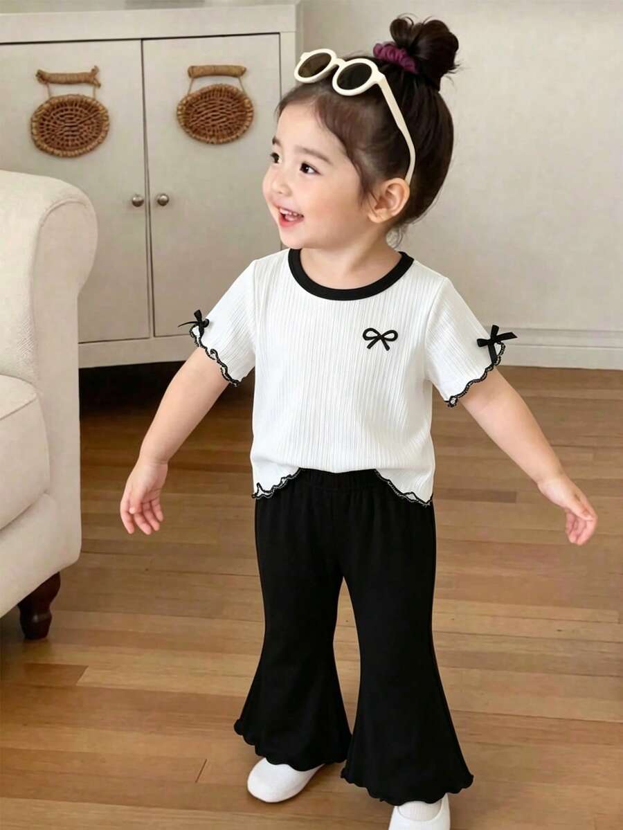 Genkimix Kids 女嬰夏季時尚百搭休閒舒適針織黑白對比色蝴蝶結印花修身短袖T恤與喇叭長褲兩件套，適合日常外出、購物、生日派對、下午茶