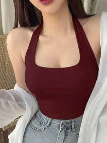 DAZY 女士休闲纯色修身露背吊带背心，适合夏季外出穿着 - 酒紅色 - 查看 7