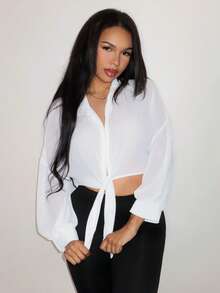 SHEIN SXY Women's Casual Versatile Single-Breasted Long Sleeve Sheer Blouse,Sexy,Sheer ,Fall,White Blouse,Casual Blouses,Basic - White - View 7