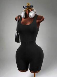 Mistrie Letter Print Strap Cross Back Sleeveless Slim-Fit Athletic Romper Sports - Black - View 4
