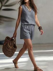 LUMIGAL Vacation Casual Solid Color Tank Top & Shorts 2 Pieces Set - Dusty Blue - View 3