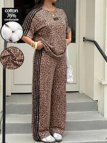 SHEIN EZwear 大尺碼女款全印花拼色上衣與長褲休閒日常兩件套，米色夏季度假騎行裝 - 彩色 - 查看 7