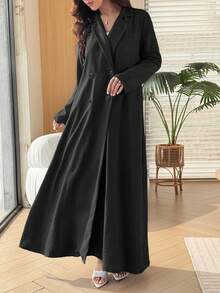 Yasmyna Women's Solid Color Long Sleeve Robe And Pleated Skirt Casual Daily Arabic Outfit - Black - View 7