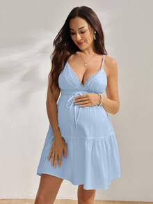 SHEIN GentleRue Maternity Casual Vacation Multi-Functional Fashion Daily Solid Color Lace Patchwork Embroidery V-Neck Cami Dress, Spring/Summer - Blue - View 1
