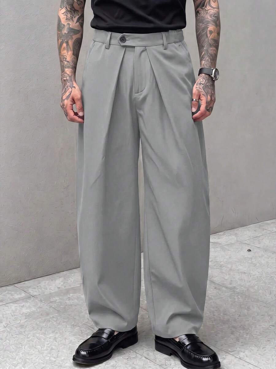 GENTILAND Men's Solid Color Pleated Casual Versatile Daily Travel Long Pants - Grey - View 1