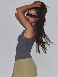 MUSERA Grey Jersey Cut Out Longline Fitted Sleeveless Top - Dark Grey - View 4