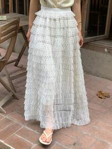 DAZY Women's French Romantic Elegant Casual Floral White Print Ruffle Multi-Layer Hem Midi Skirt Autumn Wedding Party Confirmation Vacation - Apricot - View 7