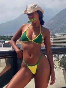 Costavie 女款夏季海灘拼色掛脖綁帶性感時尚比基尼兩件式泳衣套裝 - 綠色 - 查看 4