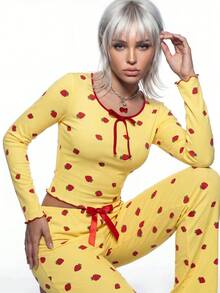 AltBold Strawberry Print Long Sleeve Top & Pants Pajama Set, Fall Winter Clothes - Yellow - View 3