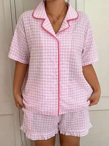Dazy Plus Summer Sweet Plaid Trim Short Sleeve Ruffle Shorts Set Plus Size Women Spring Summer Pink Cute Pajama Set - Pink - View 6