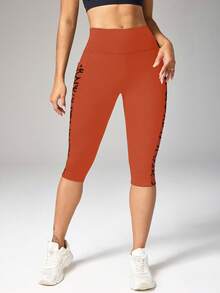 Easithlete Easithlete 7/10 Length Mesh Pocket Patchwork Yoga Sports Leggings - Orange - View 4
