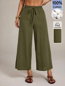 SHEIN PETITE Women's Solid Color Drawstring Waist Casual Versatile Daily Wear Wide Leg Long Pants Vacation Olive Green Summer - Army Green - View 6