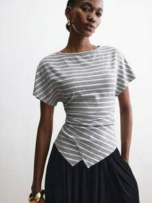 ATUI Studio 女款灰色不對稱下擺上衣－棉質彈性百褶腰 T-shirt，適合夏季海灘休閒早午餐 - 灰色 - 查看 4