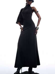 LYSMO 2026 New Arrive Minimalism Summer Fashion Solid Color Stand Collar Asymmetric Long Dress Casual Outfit For Women - Black - View 2