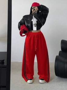 POPSWAY Plus Size Slouchy Sports Style Yellow Striped Sweatpants For Women, High Waist Drawstring Loose Wide Leg Pants, Autumn 2025 - Red - View 3