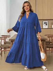 SHEIN CURVE+ Abito da donna taglie forti con stampa floreale, maniche a campana e orlo con volant, abito da spiaggia per vacanze, abiti estivi da donna, abito maxi verde e bianco, abito maxi floreale verde, abito maxi a balze, abiti autunnali da donna, abiti per la scuola, abiti country da donna, abiti da insegnante per donne, abiti country da donna, abiti autunnali da donna, outfit autunnali da donna, abiti da donna casual - Blu Navy - Visualizzare 8