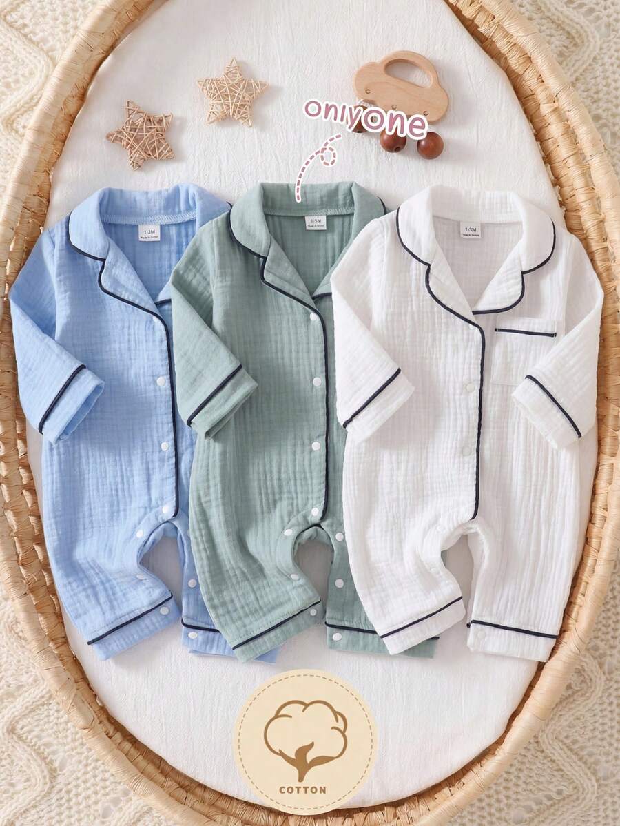 SHEIN 新生兒居家連身睡衣,棉質皺褶布料搭配滾邊飾邊,柔軟舒適,適合秋冬 - 綠色 - 查看 1