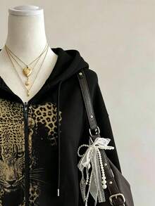Lalippa Leopard Print Fashion Minimalist Women's Hooded Zip-Up Sweatshirt, Gift For Friends - Black - View 3