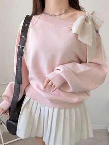Dazy Plus Contrast Color Cold Shoulder Dropped Shoulder Long Sleeve Bow Tie Loose Casual Versatile Pullover Sweater Spring/Autumn New Arrival - Pink - View 3