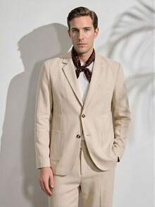 VeloEdit Apricot Men's Solid Color Business Suits, Including Jacket And Trousers, Brown, Two Pieces Beige Khaki Summer Cream Casual Champagne Suitable For - Apricot - View 1