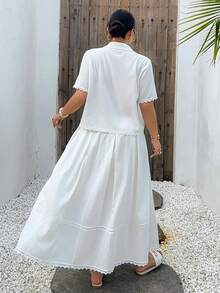 Dazy Plus Spring/Summer Women's Elegant Lace Patchwork Pocket Shirt And Skirt Set, White Vacation Style Casual Plus Size 2-Piece Outfit - White - View 8